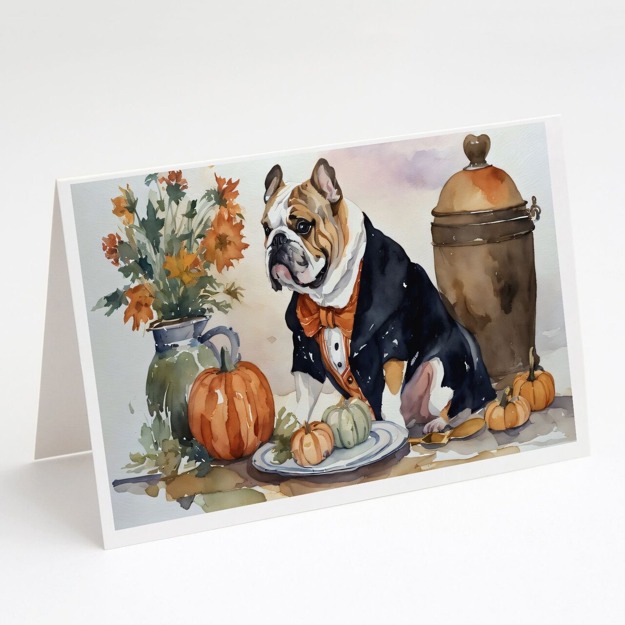 Edge Collections - 5" x 7" - Multicolor - English Bulldog Fall Kitchen Pumpkins Greeting Cards - 8 Pieces